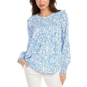 STS Sail to Sable Smocked Ruffle Blue White Top Womens Size Small Feminine